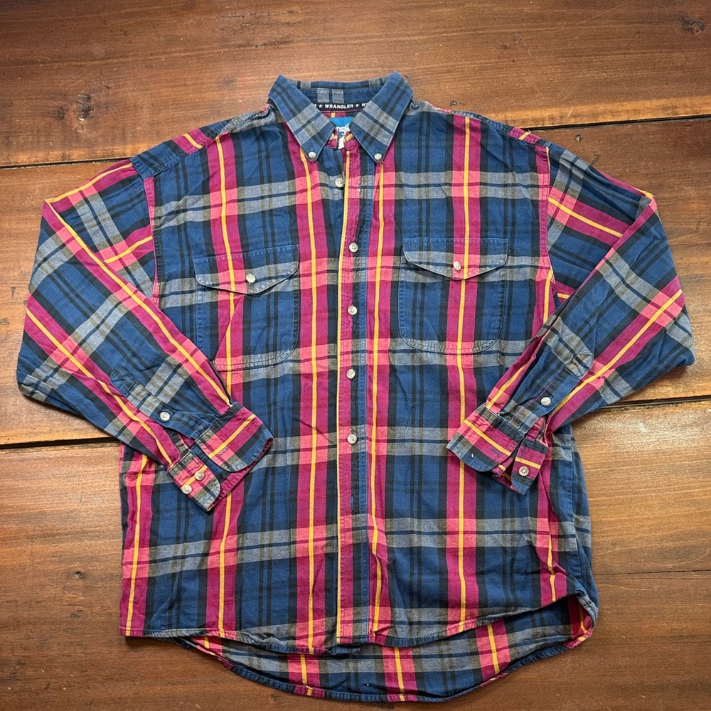 Vintage Wranger Men's‎ Size Large Western Shirt Plaid 100% Cotton Flannel